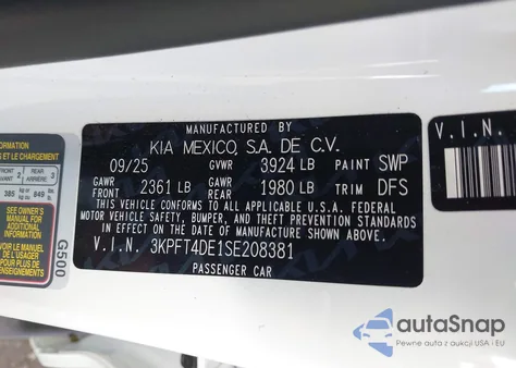 2025 Kia K4 Lxs из США, поврежденный, VIN 3KPFT4DE1SE208381